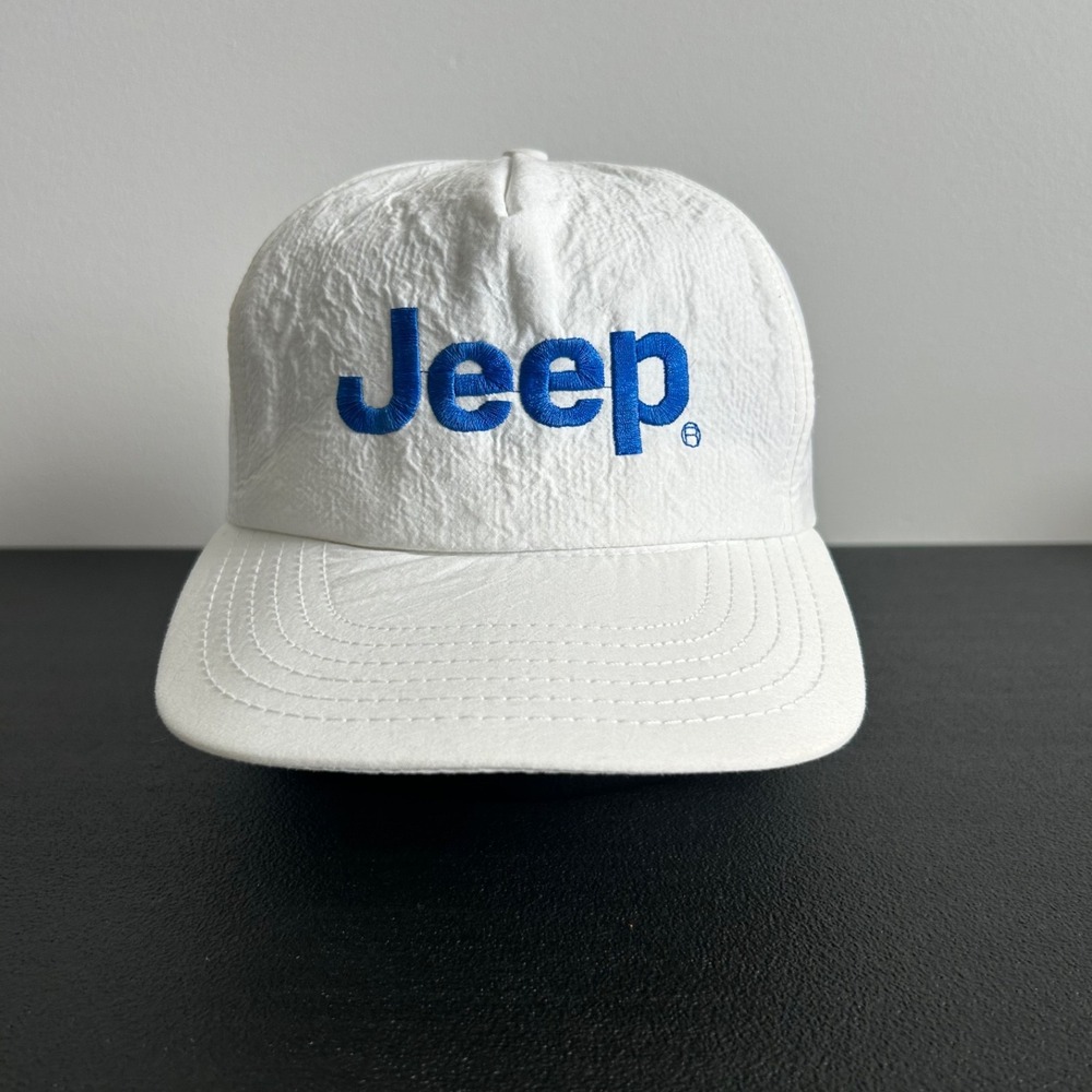 Vintage 80s Jeep Hat Cap Strap Back Adjustable White Blue Embroidered Logo Adult